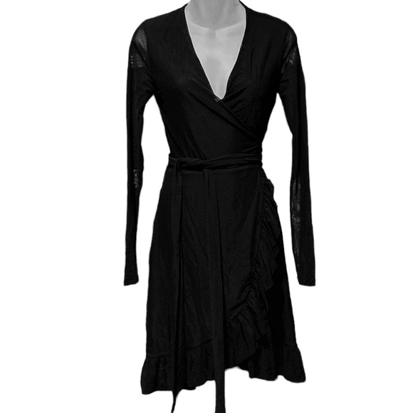 Ganni Women's Black Addison Ruffle Dot Mesh Wrap Dress - Picture 5 of 16